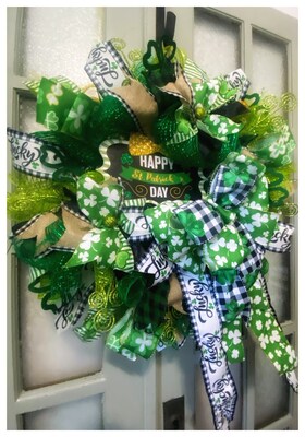 24 Inch Green Deco Mesh Happy St Patricks Day Outdoor Wreath with Ribbon, Huge Bow, Free Shipping - image6
